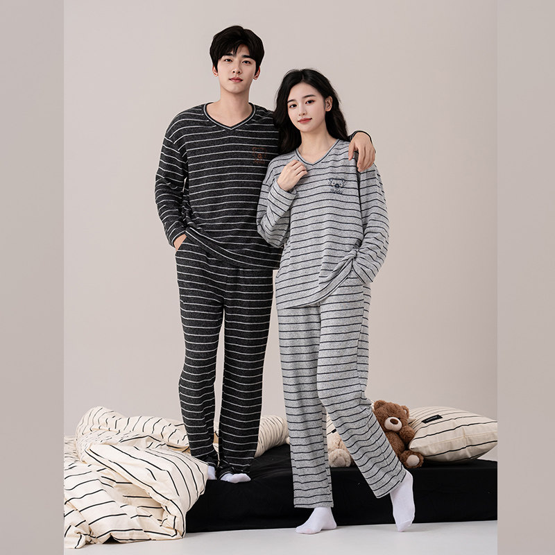 佳洁儿男94070女94319秋季情侣款条纹亲肤棉家居服套装