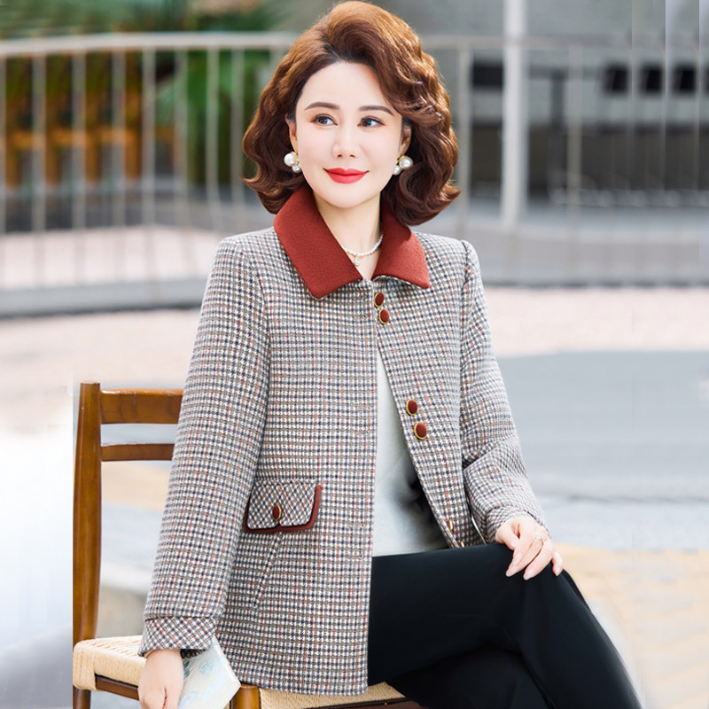 妈妈春装外套50岁洋气2026新款格子小西装中老年人女装春秋款上衣