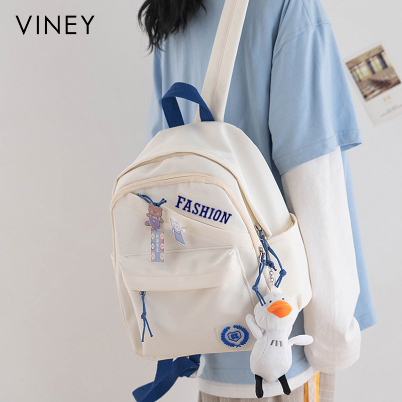 Viney双肩包女士2024新款时尚背包初中帆布女生大学生轻便小书包