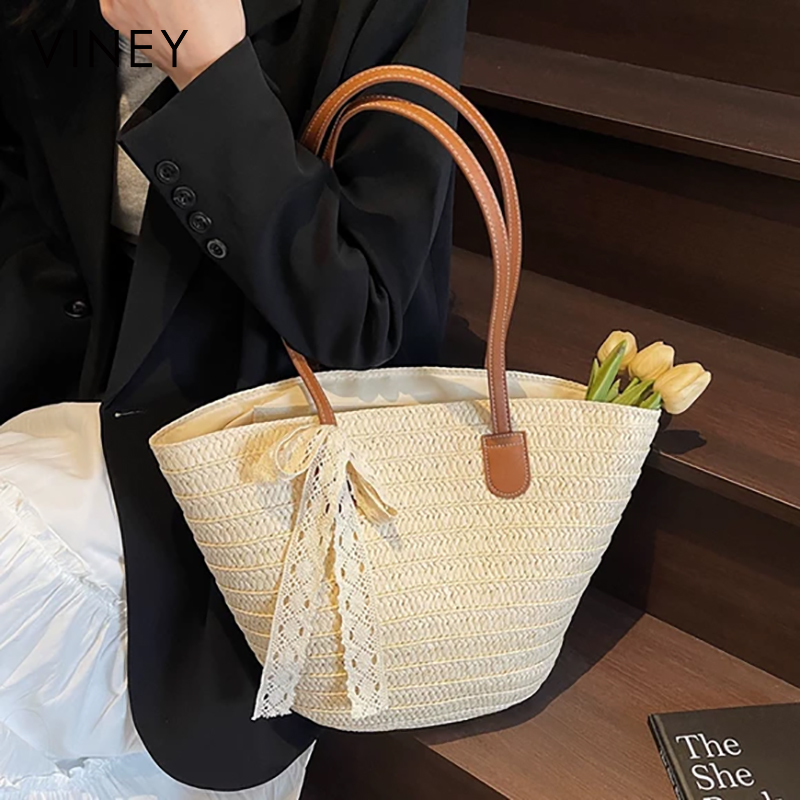 Viney编织包包2025新款夏季草编女包大容量通勤水桶菜篮子托特包