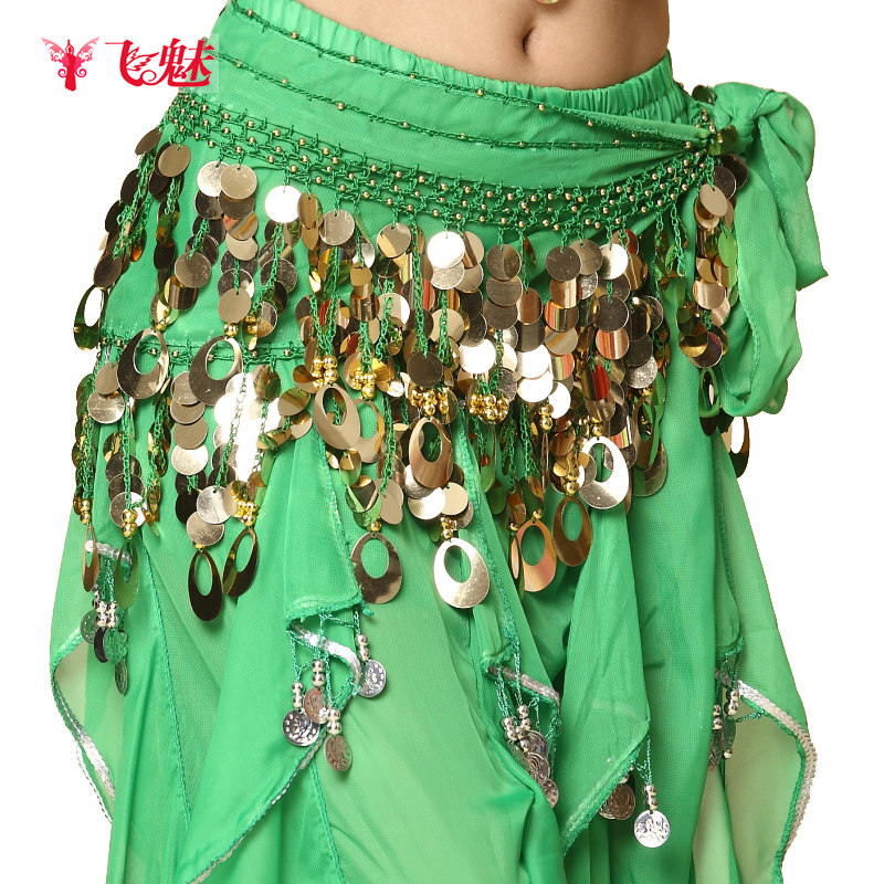 飞魅臀巾新款肚皮舞服装腰链肚皮舞练功服腰链孔雀铜锣片雪纺腰链