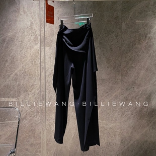 BW独立设计师典藏系列｜布鲁士蓝｜高级感不规则绑带开叉阔腿裤