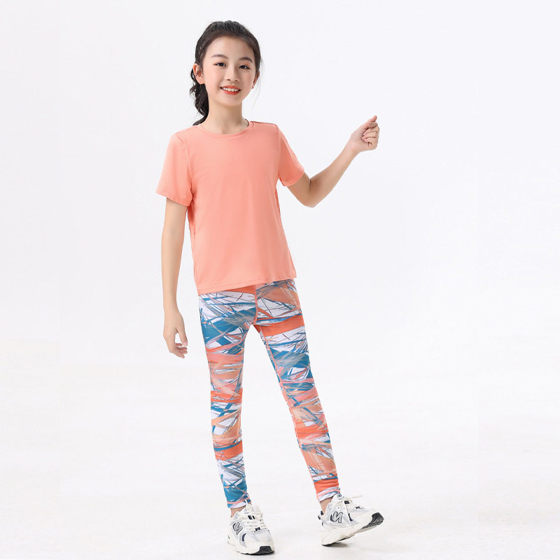 新款儿童运动套装女童春夏健身瑜伽服速干上衣打底紧身鲨鱼裤夏季