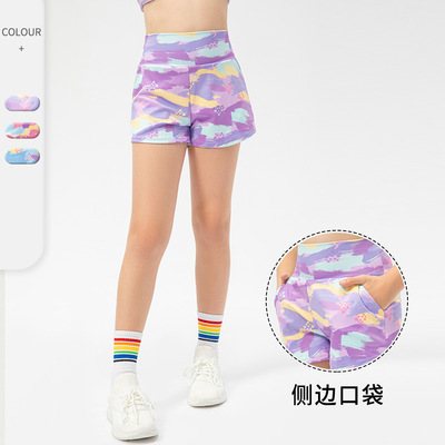 新款女童印花运动裤修身瑜伽跑步短裤儿童装高腰健身训练裤23408