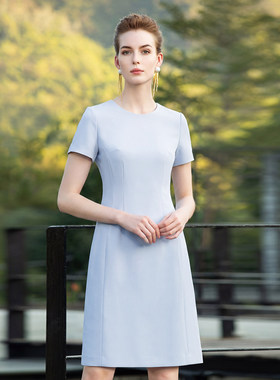 艾尚臣职业装短袖连衣裙女夏蓝色化妆品柜姐前台接待美容师工作服