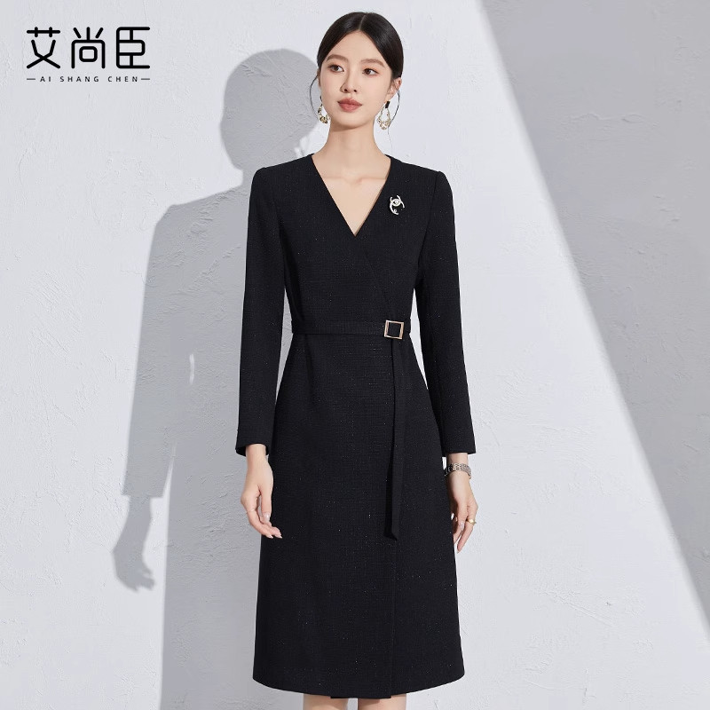 艾尚臣黑色连衣裙女收腰法式职业