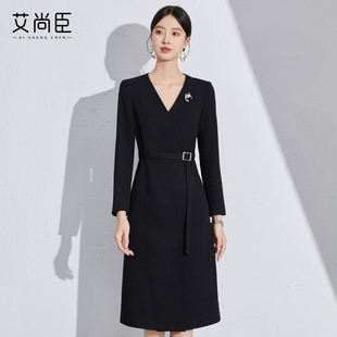 艾尚臣法式职业连衣裙女夏黑色正式场合高级感教师主持人商务正装