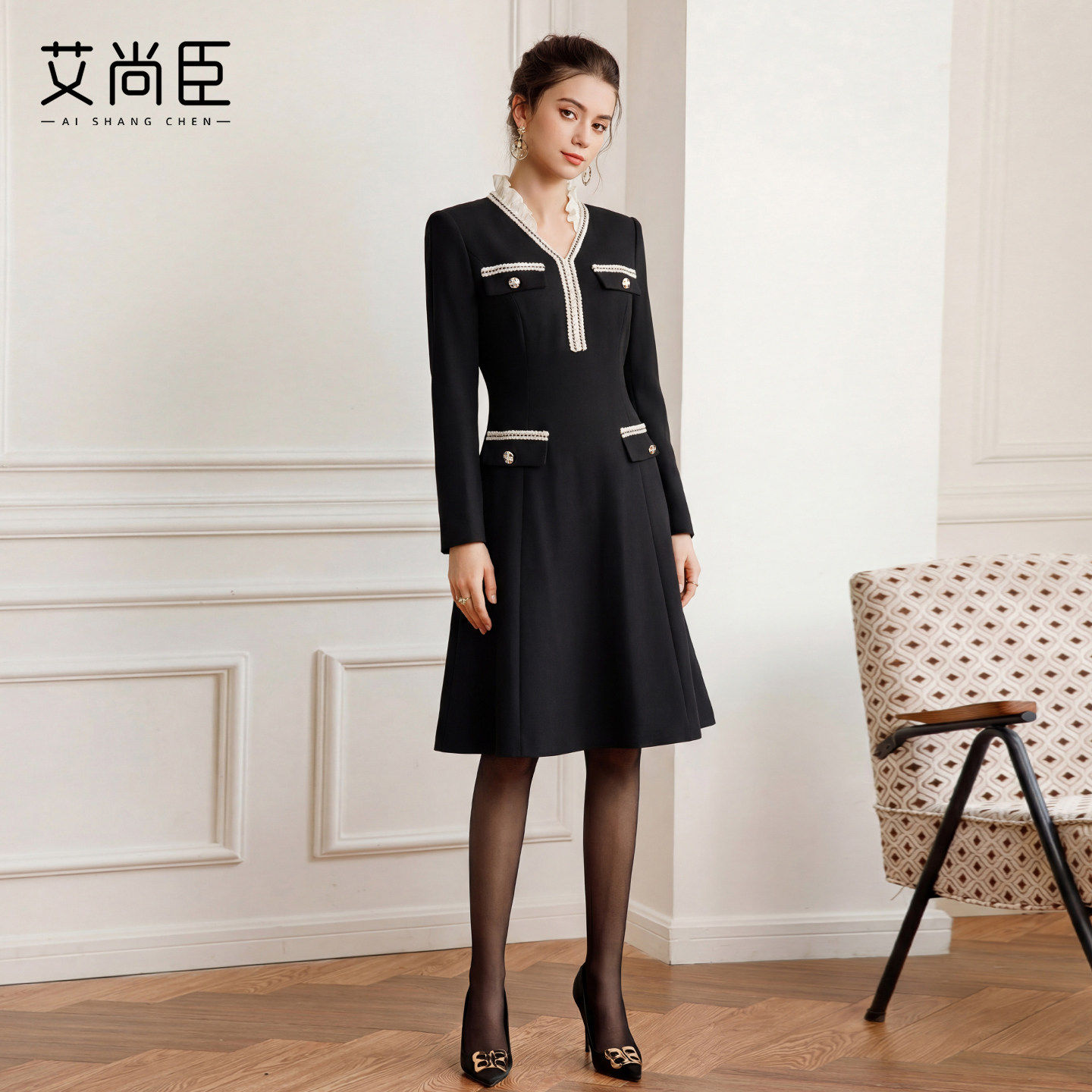 艾尚臣小香风职业装连衣裙女黑色高级感白领OL富家千金通勤工作服