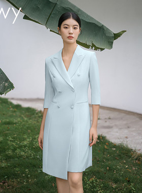 蓝绿色七分袖连衣裙女夏珠宝店案场客服医美咨询师美业经理职业装