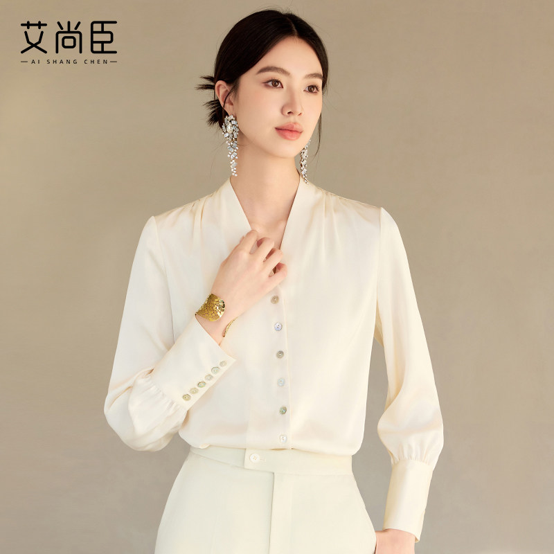 艾尚臣纯色长袖衬衫女案场客服上衣空姐制服职业装通勤美容师衬衣