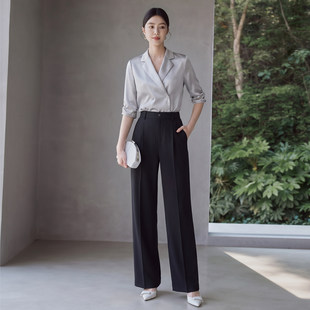 艾尚臣灰色衬衫套装女夏季七分袖翻领白领案场客服空姐制服职业装