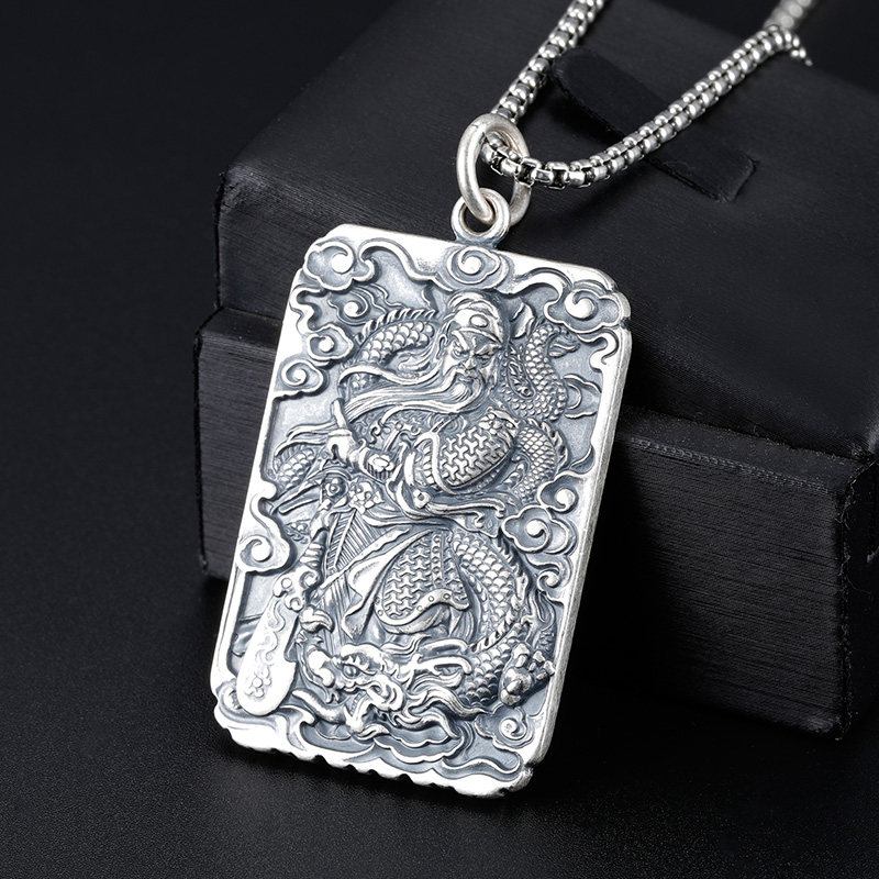 999足银男士项链关公吊牌项链霸气泰银复古个性义薄云天纯银饰品