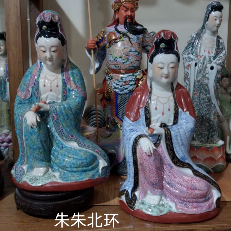 雕塑陶瓷自在观音佛像家用神像供奉摆件持经书观世音菩萨坐像14寸