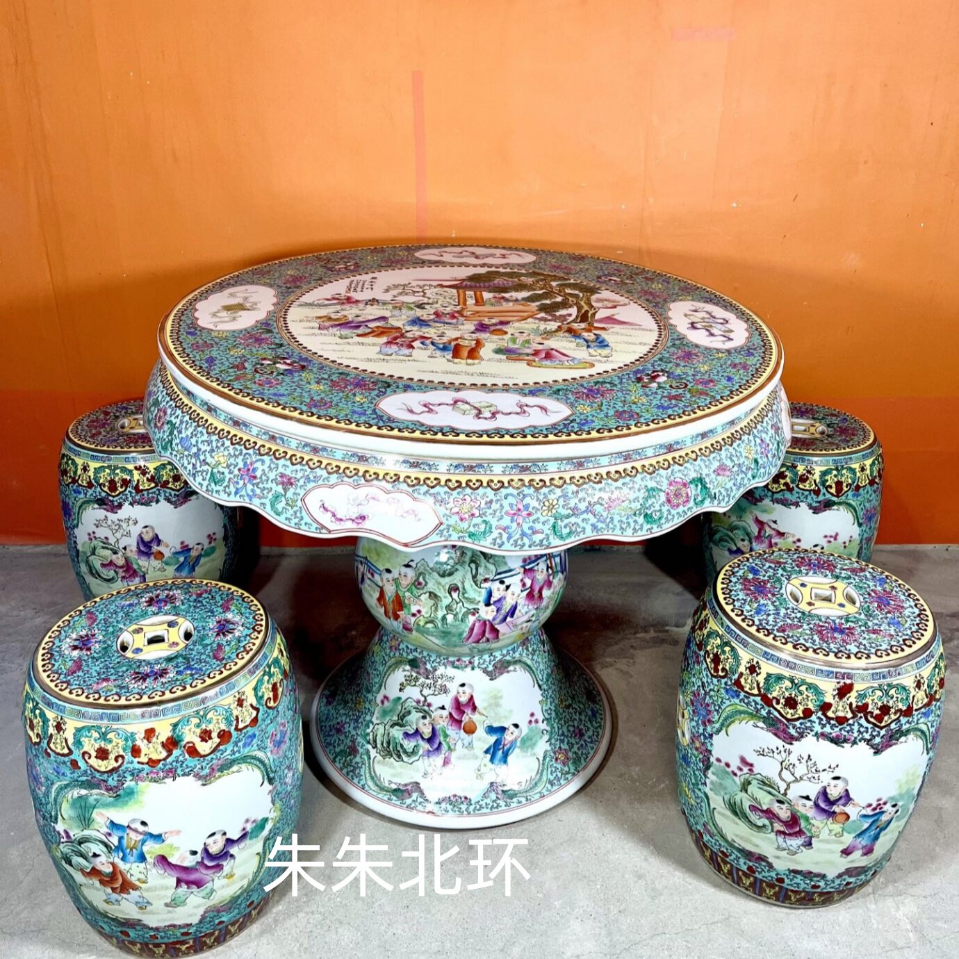 景德镇陶瓷器桌子凳子套装手绘婴戏图圆桌1桌4凳明清古典瓷桌瓷凳
