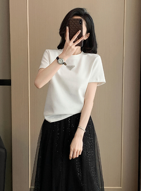 烫钻正肩短款白色短袖T恤女夏季新款简约休闲宽松显瘦半袖衫上衣