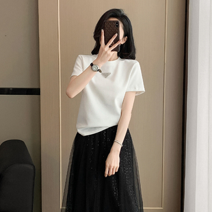 烫钻正肩短款白色短袖T恤女夏季新款简约休闲宽松显瘦半袖衫上衣