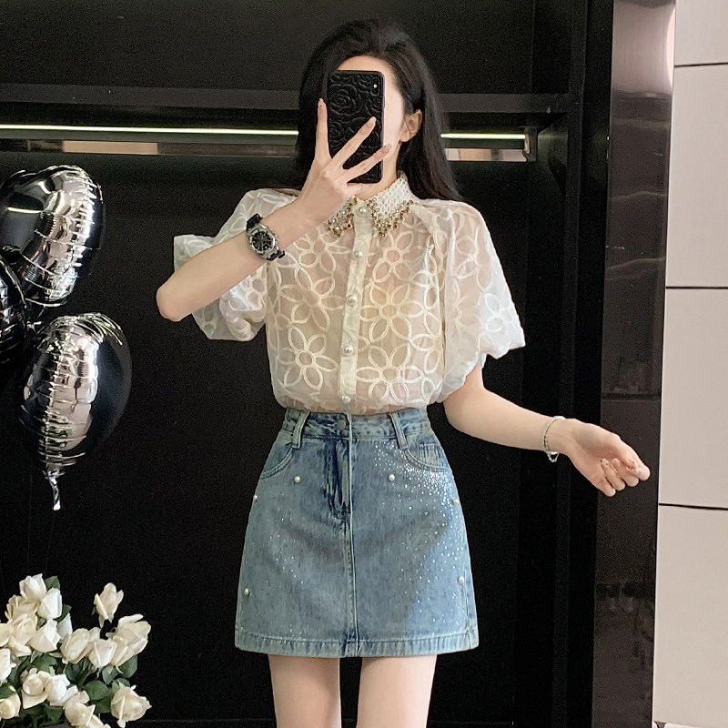 翻领透明防晒短袖衬衫女夏季衬衣