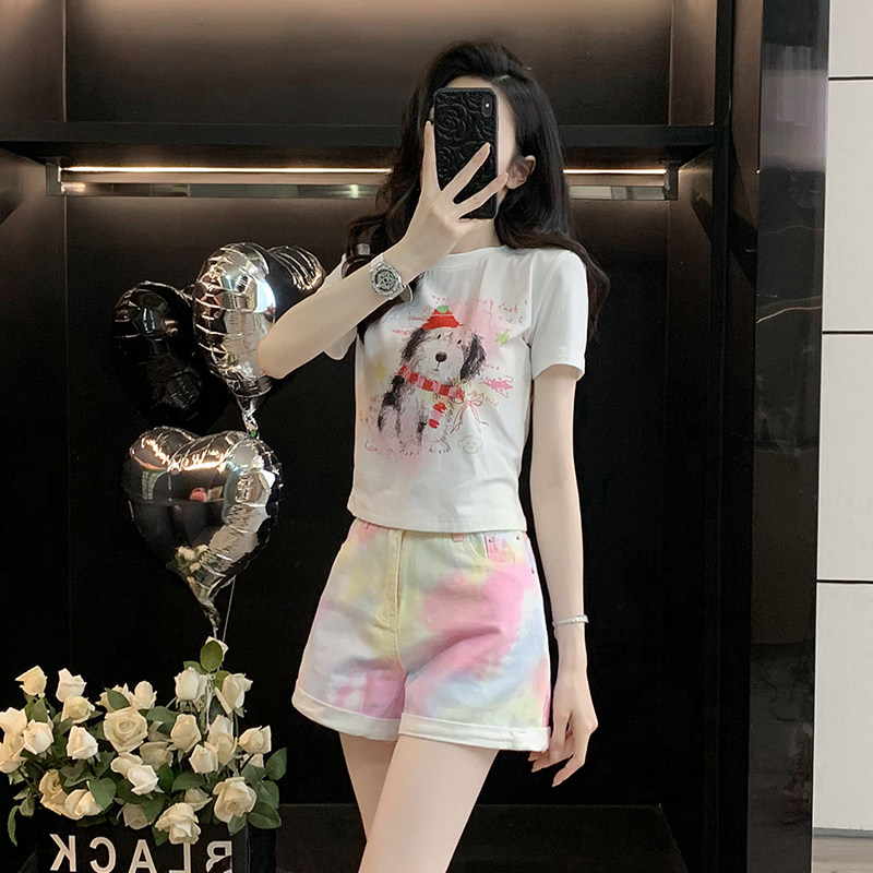 辣妹小狗印花短款T恤女短袖夏季新款正肩宽松显瘦百搭半袖衫上衣