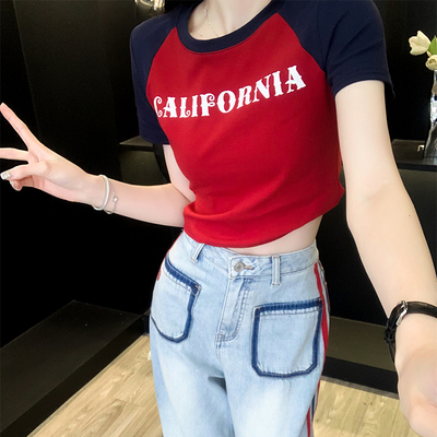 撞色紧身短款露脐t恤女短袖夏季