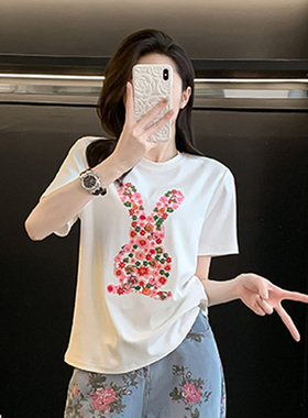 白色绣花短袖t恤女夏季新款设计感小众百搭休闲宽松半袖衫上衣潮