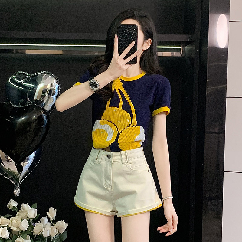 撞色紧身短款t恤女短袖夏季新款设计感小众正肩百搭半袖衫上衣潮