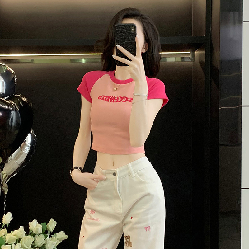 撞色刺绣修身短款正肩短袖T恤女夏季新款修身显瘦辣妹半袖衫上衣