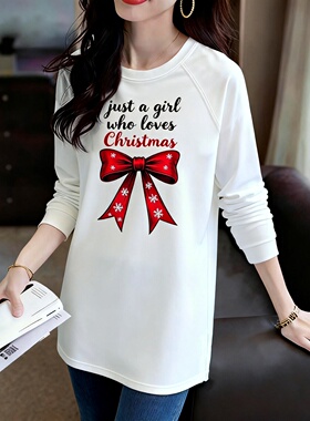 印花白色中长款长袖T恤女春秋季新款休闲宽松显瘦外穿打底衫上衣