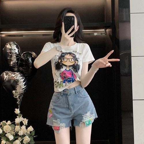 辣妹烫钻趣味短款T恤女短袖夏季