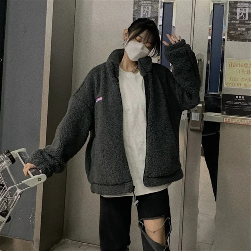 立领羊羔绒拉链长袖外套女加绒
