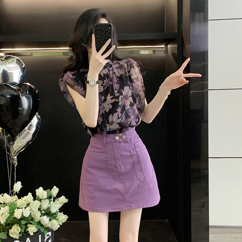 时尚花朵印花无袖雪纺衫女夏季潮