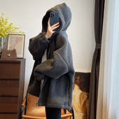 新款 休闲宽松中长款 大版 连帽羊羔绒拉链外套女秋冬季 加绒加厚开衫