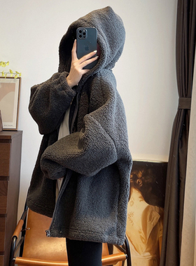 连帽羊羔绒拉链外套女秋冬季新款休闲宽松中长款大版加绒加厚开衫
