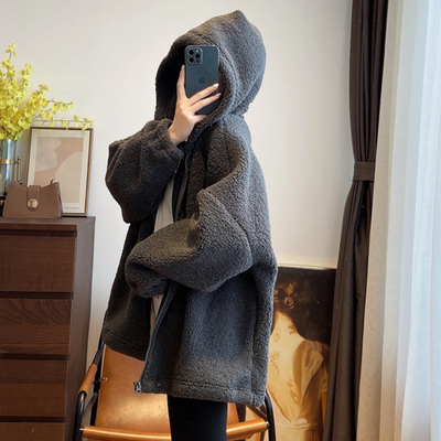 连帽羊羔绒拉链外套女加绒开衫潮