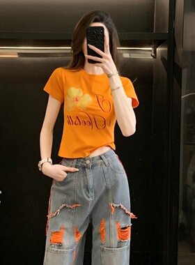 多巴胺风字母印花短袖T恤女夏季正肩修身显瘦百搭短款半袖衫上衣