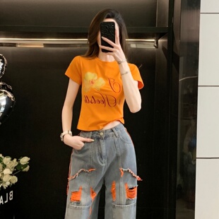 衫 多巴胺风字母印花短袖 上衣 半袖 显瘦百搭短款 T恤女夏季 正肩修身