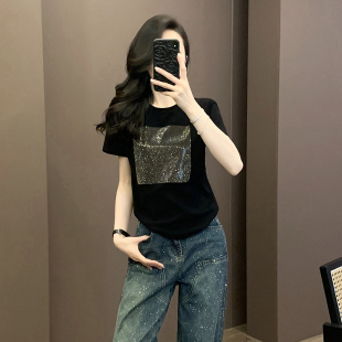 重工烫钻短款t恤女短袖夏季新款正肩设计感宽松显瘦百搭半袖上衣