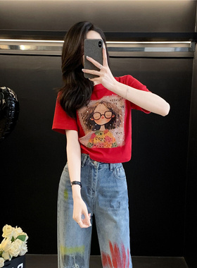 红色印花烫钻短款t恤女短袖夏季新款设计感休闲宽松半袖衫上衣潮