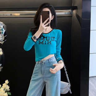 显瘦辣妹打底衫 撞色紧身短款 上衣潮 设计感修身 新款 长袖 t恤女秋季