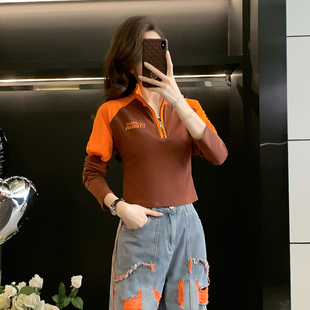 撞色半拉链短款 T恤女春秋新款 设计感休闲宽松显瘦打底衫 上衣 长袖