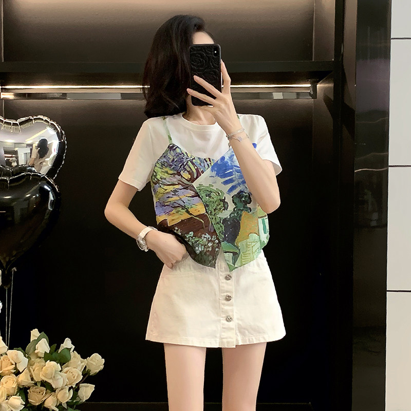 假两件印花短款T恤女短袖夏季潮