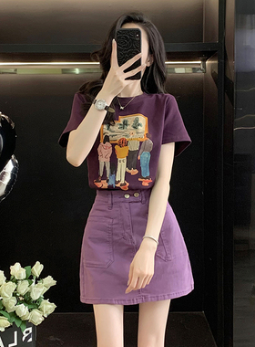 紫色人物涂鸦印花短袖T恤女夏季新款休闲宽松显瘦百搭半袖衫上衣