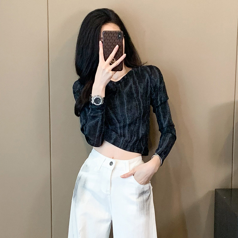 网纱紧身短款长袖t恤女早秋季