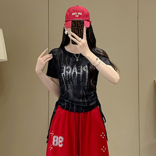 修身 新款 t恤女夏季 上衣 半袖 衫 显瘦潮酷短款 烫钻字母亮丝网纱短袖