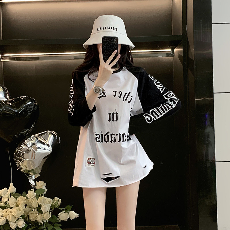 字母印花撞色长袖T恤女春秋季新款时尚宽松显瘦休闲中长款上衣潮