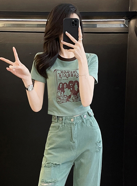 撞色紧身短款t恤女短袖夏季新款设计感修身显瘦辣妹半袖衫上衣潮