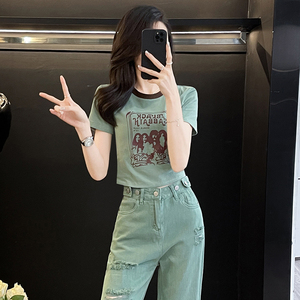 撞色紧身短款t恤女短袖夏季新款设计感修身显瘦辣妹半袖衫上衣潮