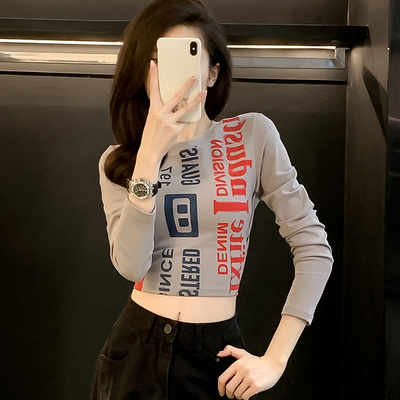 字母露脐紧身短款长袖t恤女秋季