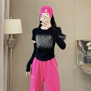 烫钻皱褶紧身短款长袖t恤女早秋季新款修身显瘦跳舞打底衫上衣潮