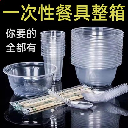 一次性碗餐盒塑料碗布丁杯加厚打包盒圆盘圆碗筷子饭盒套装组合款