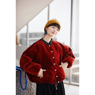 冬季新款文艺复古原创女装休闲简约棉氨纶圆领保暖平绒南瓜羽绒服